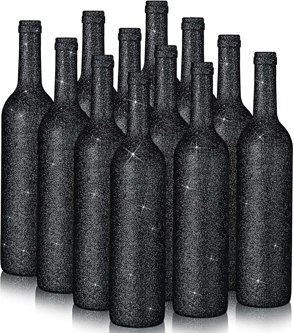 Sliner 12 Pcs Wine Bottles Glass 750ml Glitter Wine Bottles Vintage Vase for Flowers Wedding Decor Centerpiece Christmas Party Favor DIY Crafts(Black)
