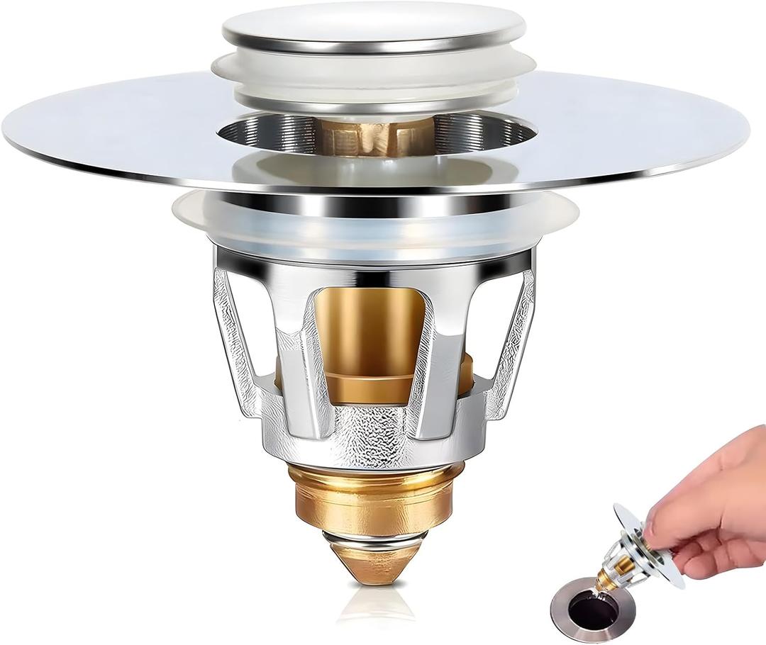 Universal Bathroom Sink Stopper Drain with Hair Catcher  Fit 1.06-1.5 inch Holes, 2-in-1 Pop Up Drain Strainer, Anti-Clogging Sink Filter Basket for Bathroom & Kitchen Sink (Stainless Steel)