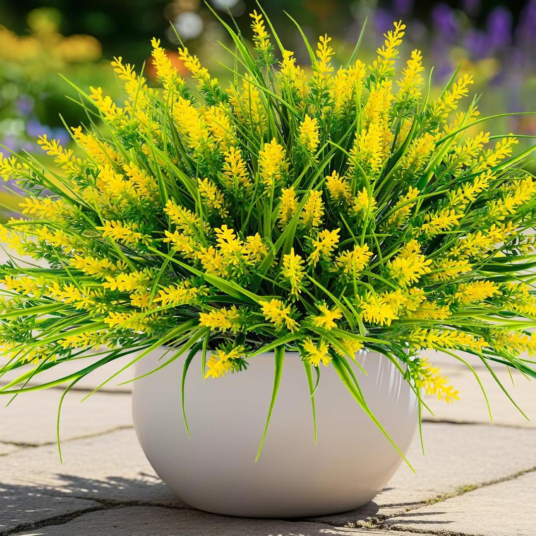 N&T NIETING Artificial Plants Outdoor, 10 Bundles Fake UV Resistant Monkey Grass with Flowers for Pot Garden Decor Window Verandah Office Patio Faux Planter Pathway Front Porch (Yellow)