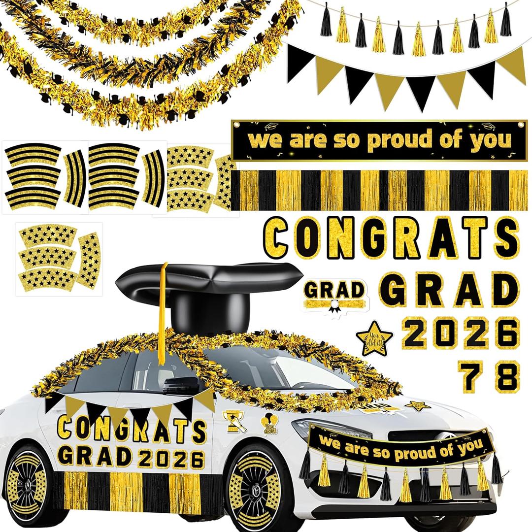 34pcs Graduation Car Decorations 2026 Inflatable Grad Cap with Black Gold Magnets Tinsel Garlands Banners Kit for Class Set of 2026 Party, Parade Float, Indoor Outdoor Hanging Decor