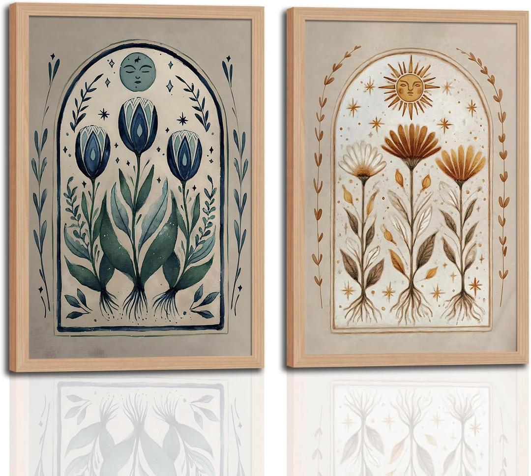 Boho Wall Art Set of 2 with Wooden Frame Vintage Moon and Sun Floral Prints, Earthy Tone Botanical Painting, Cottagecore Framed Picture Wall Decor 16x24 Inch