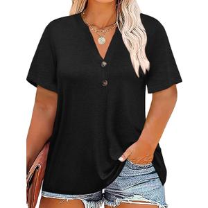 Chulianyouhuo Plus Size Tops for Women Summer V Neck Short Sleeve Tee Shirts Henley Button Casual Loose Fit Blouse, 3X