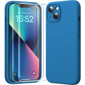 HATOSHI 3 in 1 for iPhone 13 Case, with 2 Pack HD Screen Protector, [Upgraded Full Camera Protection] Liquid Silicone Silky-Soft Touch Slim Shockproof [Anti-Scratch] [Multi-Color] 6.1", Midnight Blue