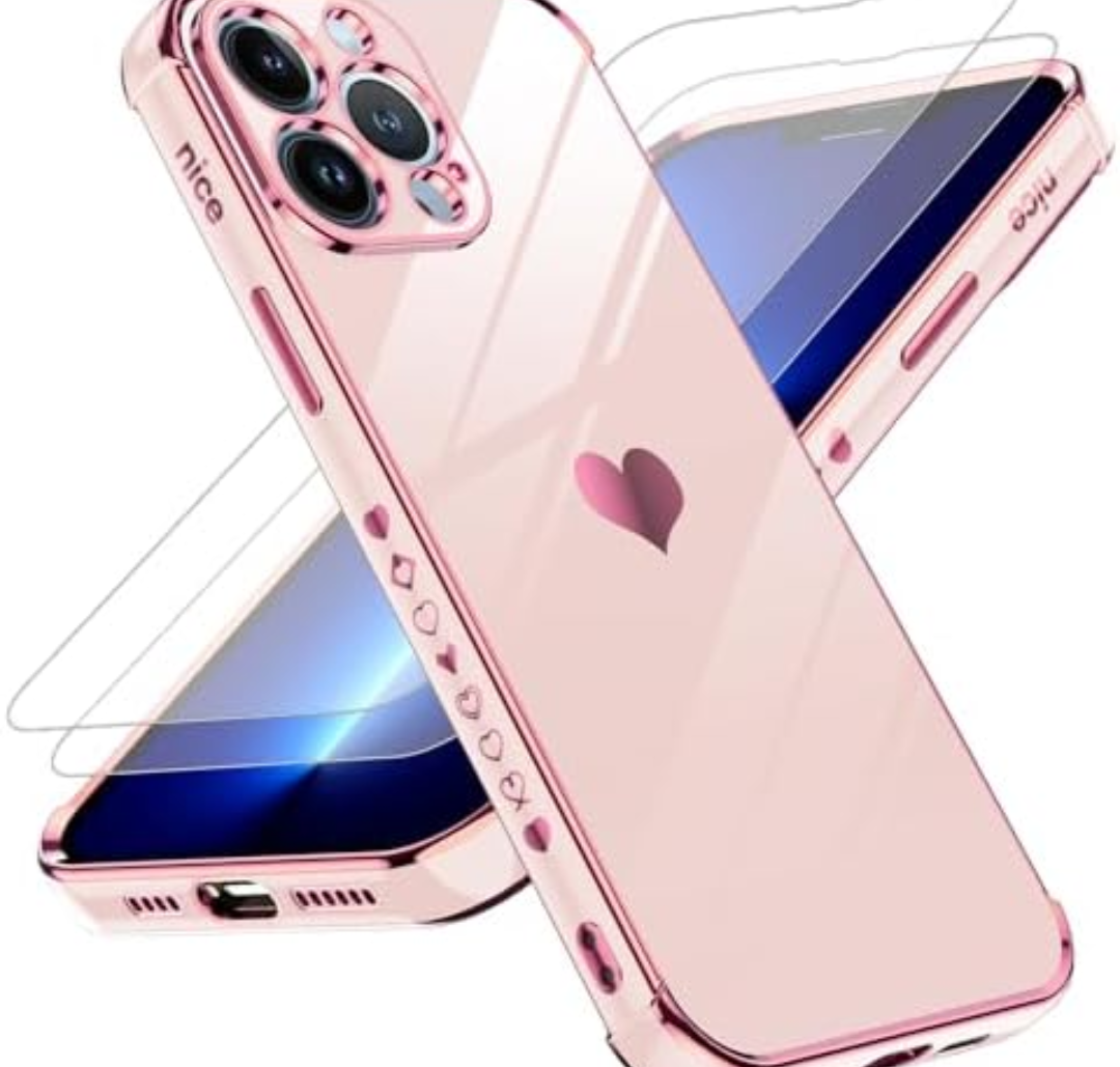 LeYi for iPhone 13 Pro Max Case: with Tempered Glass Screen Protector [2 Pcs]+ Full Camera Lens Protection, Love Heart Plating Girly Women Luxury Soft TPU Shockproof Case for 13 Pro Max, Pink