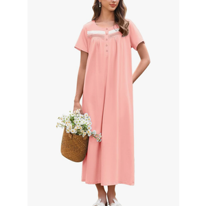 Ekouaer Nightgown for Women Cotton Long Night Gown Short Sleeve Nightdress with Pockets Button Sleepshirt Soft Sleepwear, L