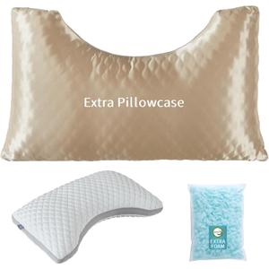 Side Sleeper Pillows for Adults - Curved Pillow with 3 Compartments for Neck Pain Relief, Adjustable Crescent Pillow Side Sleeper with Extra Shredded Memory Foam Bag and 2 Pillowcases, 19 * 29in