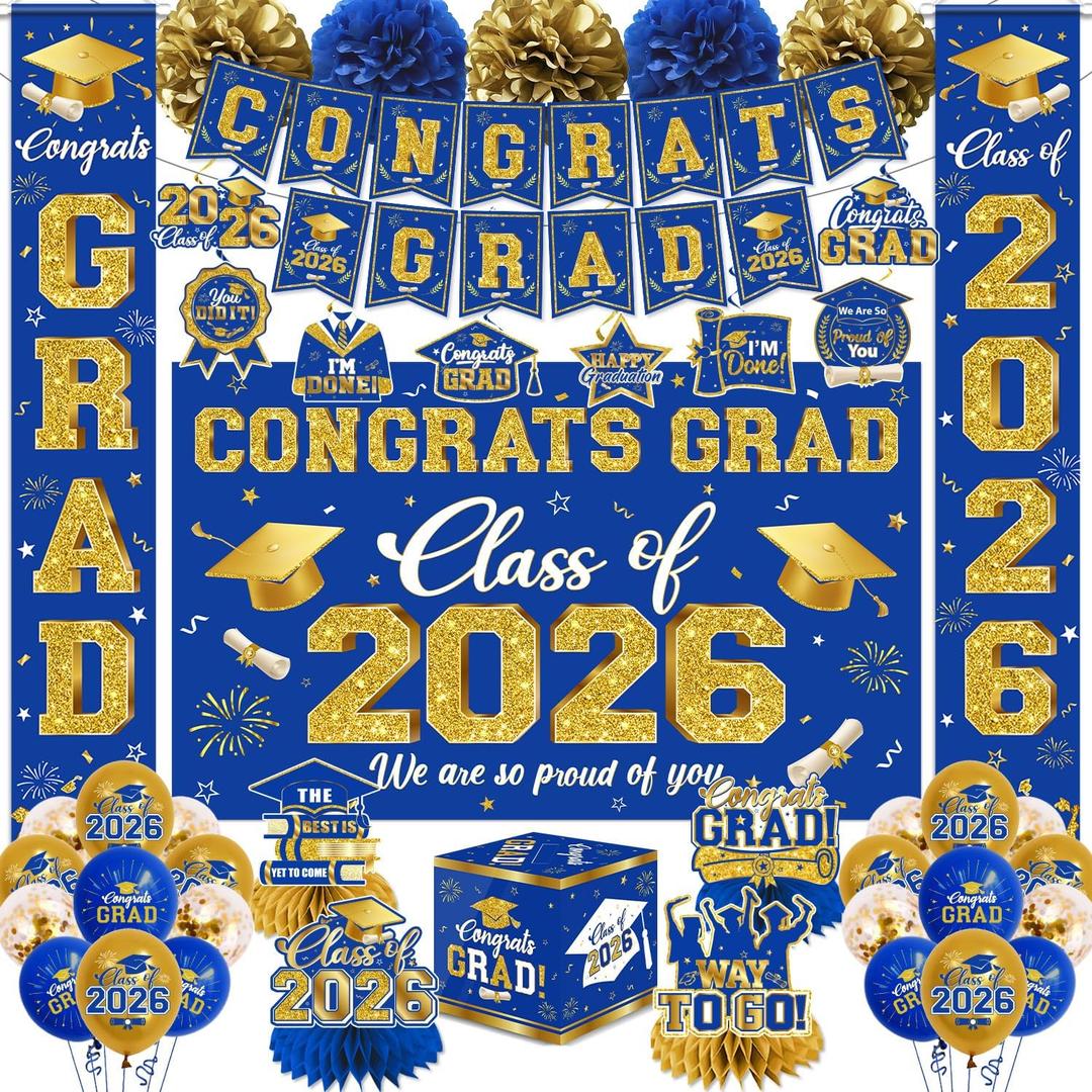 2026 Graduation Decorations - Blue Gold Congrats Grad Party Supplies include Card Box, Backdrop, Banner and Balloons for Class of 2026 Decorations Set