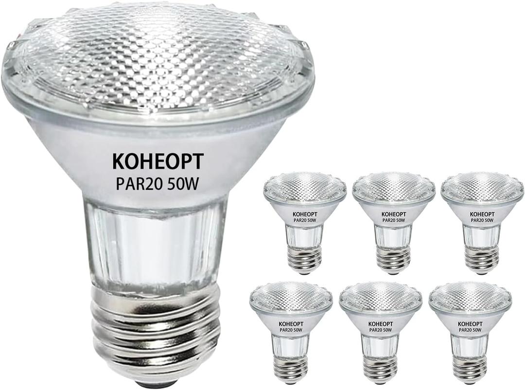 Flood 50W 120V Bulbs, 6 Pack 50 Watt PAR20 Halogen Bulb 2250 Lumens, Dmimable Par20 E26 50W 120V Eco Halogen Light Bulb Warm White 2700K Reflector for Track Lighting & Range Hood