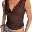 RoseSeek Women's Cowl Neck Ruched Cami Tops Backless Crop Tops Dressy Summer Clothes (Large, Brown)