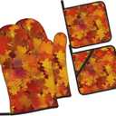 Fall Autumn Maple Leaves Oven Mitts and Pot Holders Sets Heat Resistant Non-Slip Kitchen Potholder Oven Gloves for Baking Cooking Grilling BBQ Mittens Kitchen Decor and Accessories Gifts