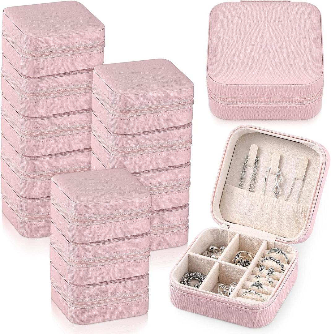 Yinkin 12 Pcs Mini Travel Jewelry Case Bridesmaid Proposal Gift Boxes, Small PU Leather Earring Organizer, Bulk Travel Accessories Portable Jewelry Holder(Pink)
