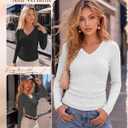 4 Pack Womens Cotton Ribbed Tops | V Neck, Slim Fitted, Layering, Fall, Basic, Knit, Soft, Long Sleeve, Comfy, Versatile, Trendy, Casual, Lightweight, Cozy (Gray, L)