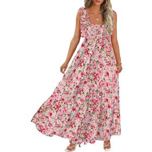 Women's Summer Maxi Dress Boho Spaghetti Straps Casual Long A-line Smocked Beach Dress Square Neck Flowy Sun Dress (Large, Z-floral)