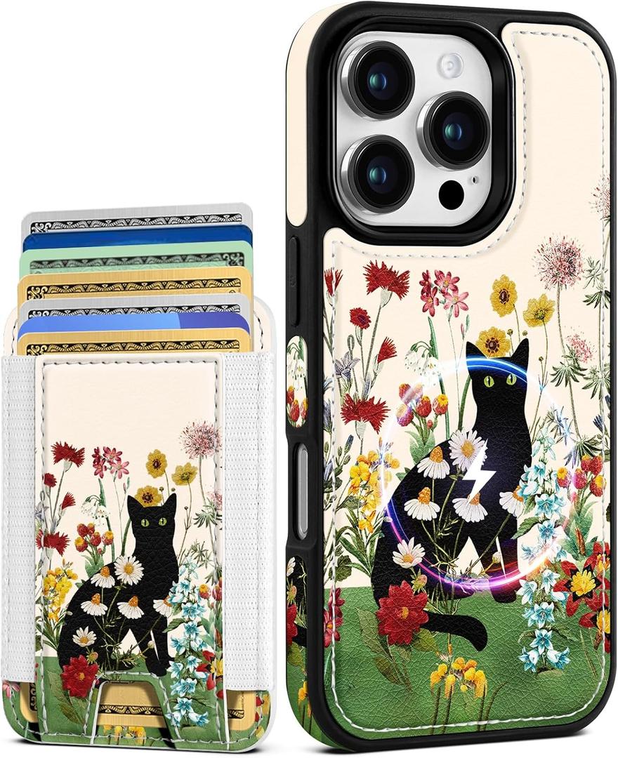 Shorogyt for iPhone 16 Pro Max Cute Kawaii Phone Case - Compatible with Magsafe Wallet Magnetic Credit Card Holder Cat Flower Design Leather Phone Cover for Women Girls, Fits 7 Cards