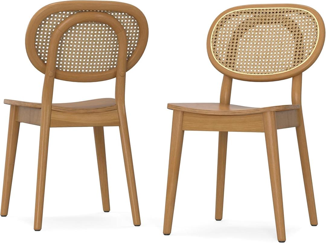 SIMPLIHOME Rachel Dining Chairs - Mid-Century Modern Solid Beech Wood Frame and Natural Rattan Chair Set in Natural, Dining Room Seating with Curved Cane Backrest and Open Frame Design (Set of 2)