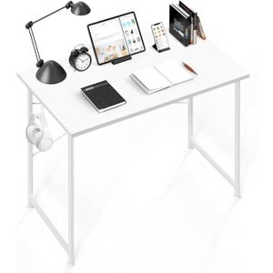 YSSOA Small Space Writing Desk with Headphone Hooks, Modern Simple Design, Suitable for Study, Home Office and Living Room (40 Inch, Basic White)