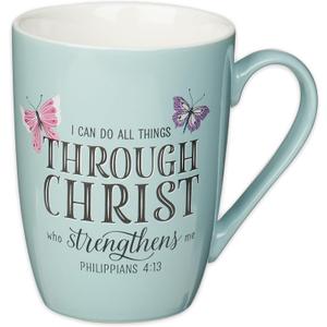 Christian Art Gifts Inspirational Microwave/Dishwasher Safe Ceramic Coffee & Tea Scripture Mug for Women: All Things Through Christ Encouraging Bible Verse, Cute Butterflies, Light Blue/White, 12 oz.