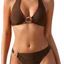 Fanuerg Women's Halter V Neck Bikini Sets Ring Linked Two Piece Swimsuit Cheeky Swim Bathing Suit 2025 (Brown), Size S