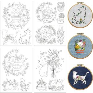 Peacoblue Water Soluble Embroidery Patterns for Beginners Flowers Teacup Cat 4 Sheets with 14pcs Patterns, Wash Away Stick and Stitch Embroidery Pattern Stabilizer for Hand Sewing Lover Women Adults