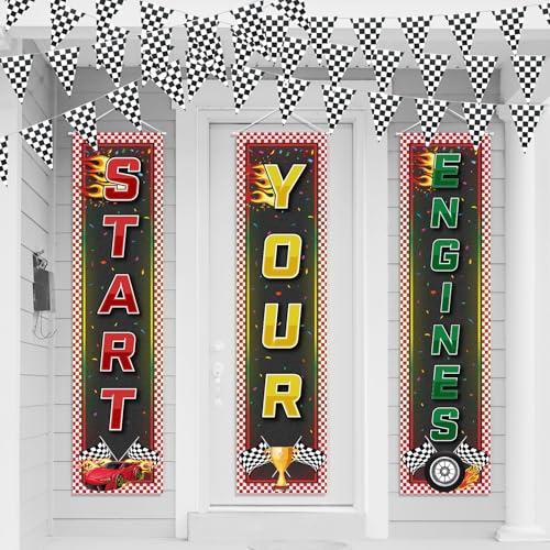 Oudain Racing Car Party Decorations 3 Racing Fans Banners 32. 8 ft Black and White Checkered Pennant Flag Banner, Hanging Race Car Birthday Party Decor for Indoor Outdoor School Game Supplies