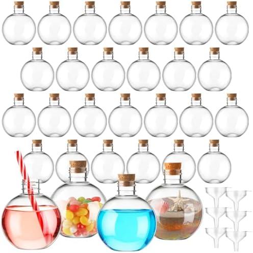 Jinei 30 Pcs 6 oz Ball Shape Plastic Sand Art Bottles Spherical Clear Plastic Potion Bottles Christmas Cocktail Ornament Balls for DIY Wedding Party Gift Crafts Decoration(Wood Color, Cork)