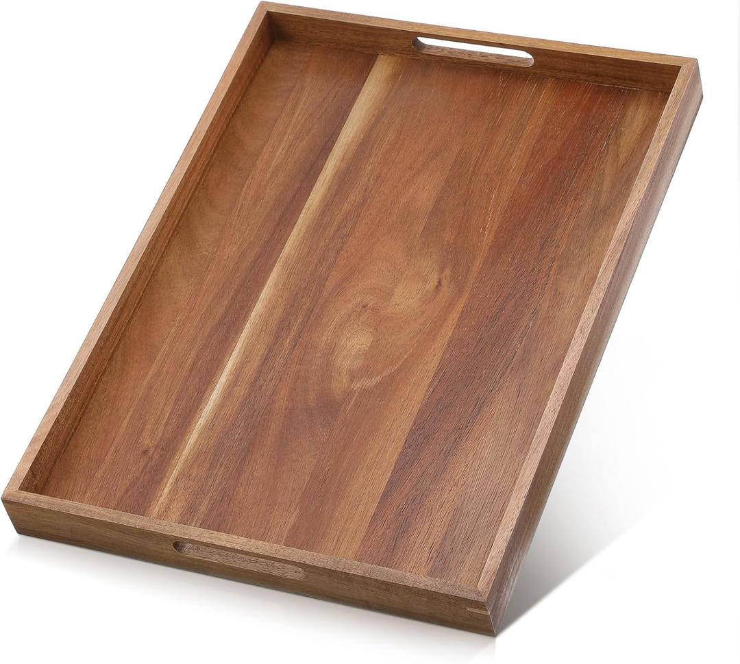 17.7 Inch Acacia Wood Serving Tray with Handles Ottoman Tray for Living Room Large Wooden Trays for Ottoman Coffee Table Trays RectangularTray for Breakfast in Bed Dinner Bedroom Entryway Kitchen
