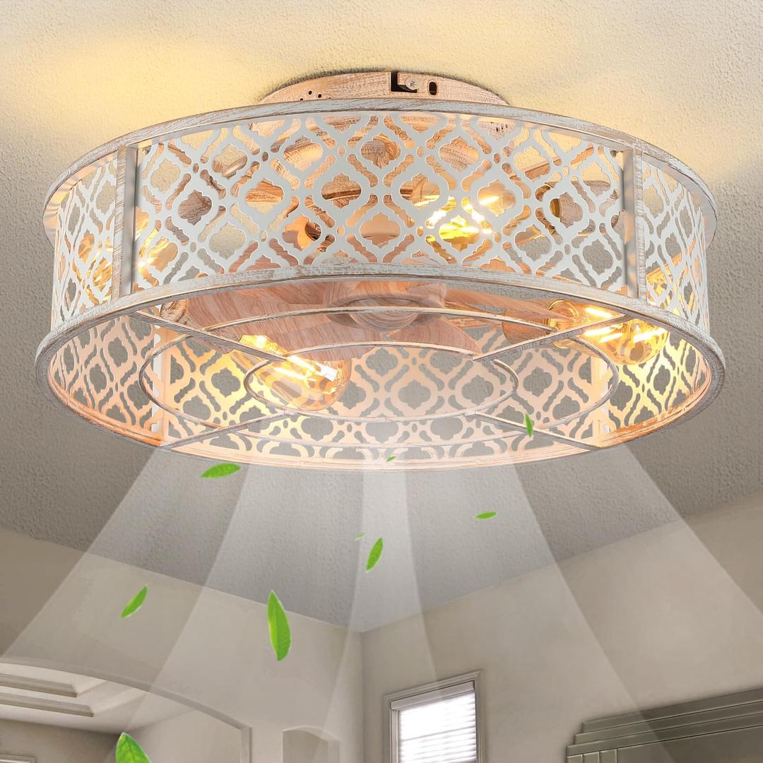 20" Caged Ceiling Fans with Lights Flush Mount Ceiling Fan with Remote,Small Black Low Profile Bladeless Ceiling Fan Light Fixture for Bedroom, Kitchen, Dining Room 4 Bulbs Included,6 Speeds 20" Caged Ceiling Fans with Lights Flush Mount Ceiling Fan with Remote,Small Black Low Profile Bladeless Ceiling Fan Light Fixture for Bedroom, Kitchen, Dining Room 4 Bulbs Included,6 Speeds