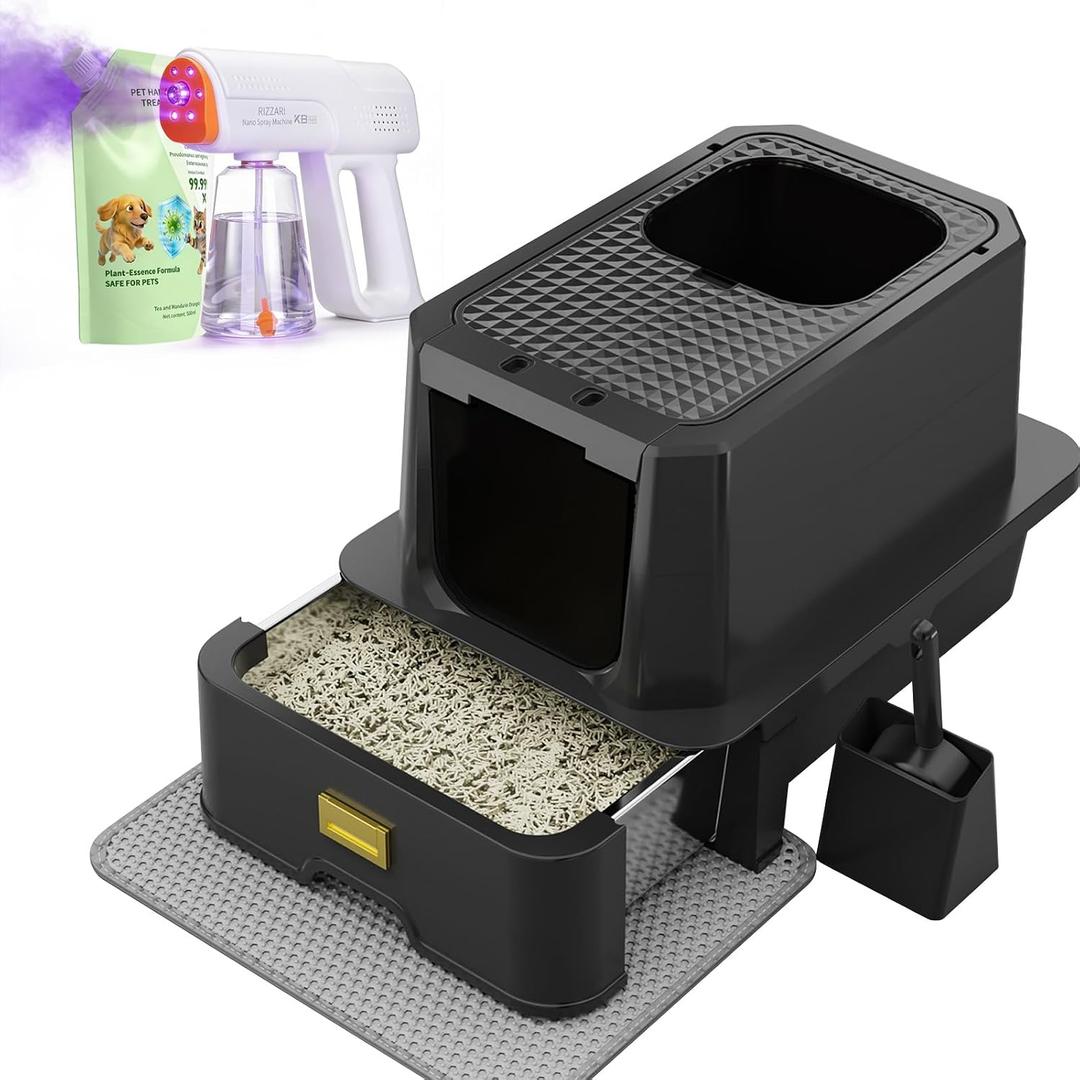 RIZZARI Enclosed Cat Litter Box: Stainless, Top Entry, Easy Clean,  Size Large, 
Product Dimensions	24.25"L x 19"W x 16.54"H