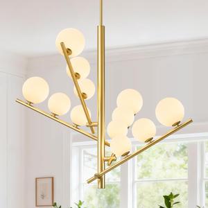 CATINER 12 Lights Gold Sputnik Chandeliers L36”Mid Century Ceiling Pendant Lighting with Milk Glass Globe Shades Modern Chandelier for High Ceiling Foyer Living Room Dining Room