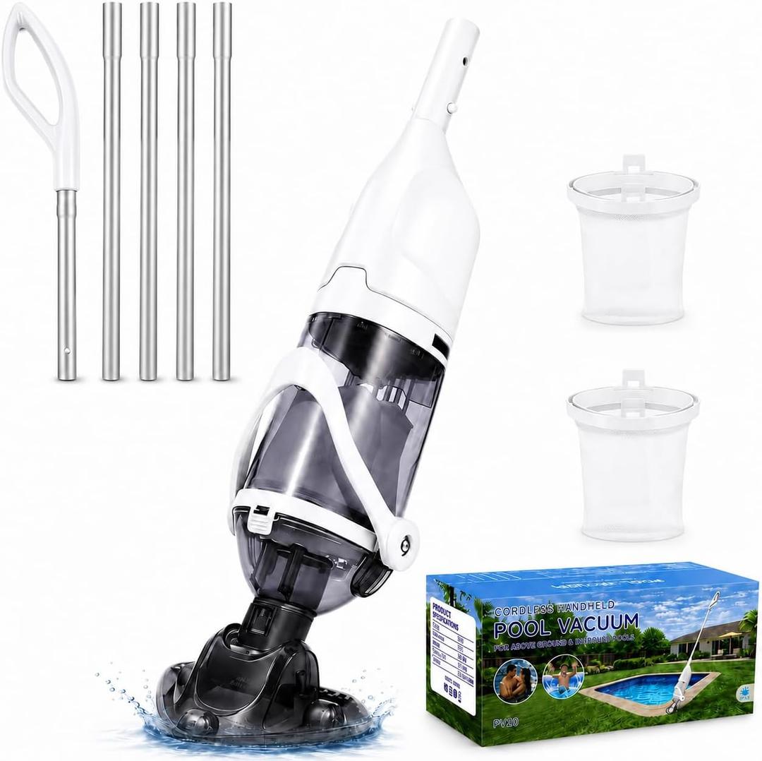 2026 Upgraded Cordless Handheld Pool Vacuum for Above Ground Pool, Rechargeable Small Pool Vacuum with Telescopic Pole, 60 Min Runtime, 14.1 GPM Suction, for Hot Tubs & Spas, Frost