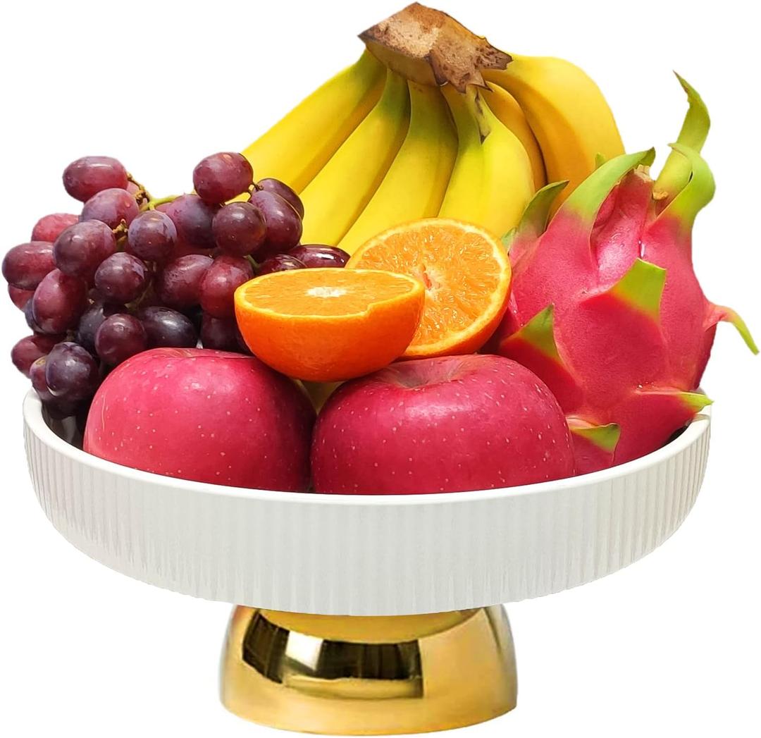 Ceramic Fruit Bowl,11-Inch Large Decorative Bowls,White Pedestal Tray and Gold Base, Fruit Bowl for Kitchen Counter, Bread and Fruit Trays,Salad or Dessert Display Trays for Parties. (XL)