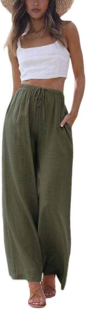 Faleave Women's Cotton Linen Summer Palazzo Pants Flowy Wide Leg Beach Trousers with Pockets, Large