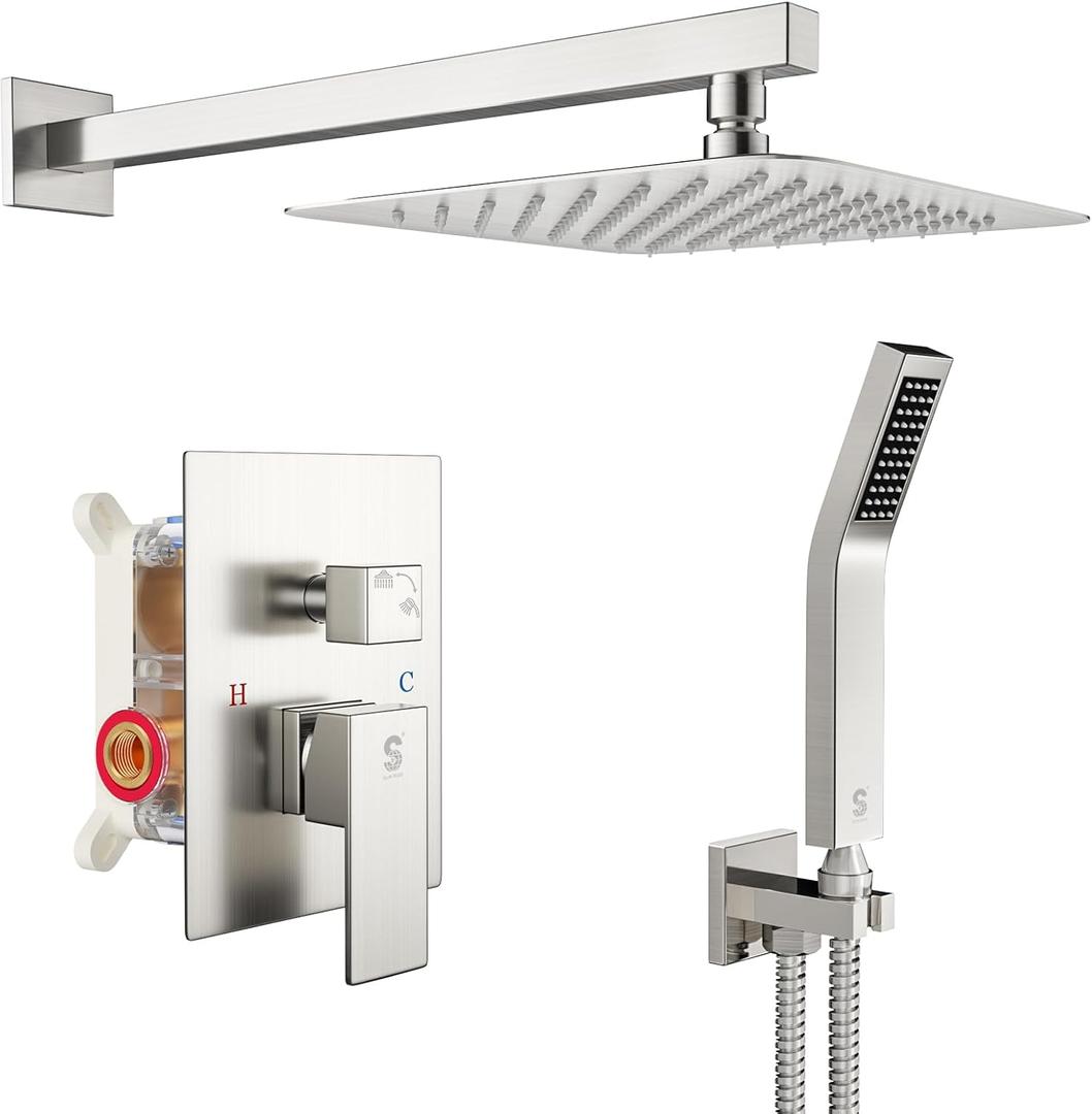 SR SUN RISE Shower Faucet Set Bathroom Square Rain Shower Head with Handheld Spray Wall Mounted Rainfall Shower Fixtures Brushed Nickel Shower Faucet Trim Repair Kits (Contain Shower Valve), 10 Inches (10 Inch, Brushed Nickel)