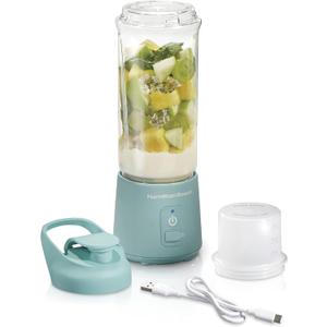Hamilton Beach Mini Cordless Portable Personal Blender for Shakes and Smoothies, USB Rechargeable, 16 oz. Jar with Leakproof Travel Lid, 6 Stainless Steel Blades, Blue (51182)
