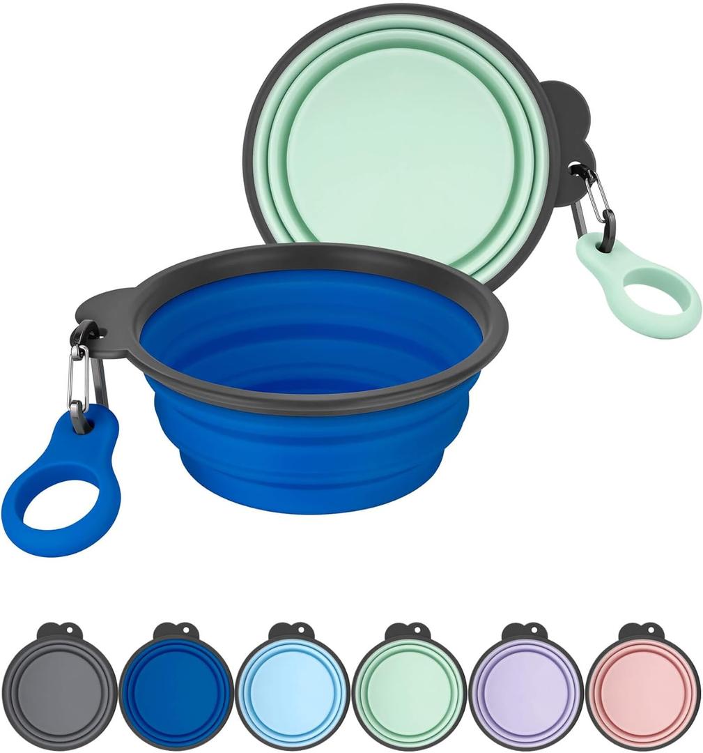 Aonkey Collapsible Dog Bowls with Bottle Carrier, 2 Pack Travel Dog Water Bowl Upgraded Carabiner, One-Piece Molded Rim No Fall Off or Crack, Foldable Silicone Portable for Pets Walking Hiking 37oz (2. Navy Blue & Sprout Green)