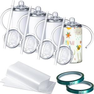Sublimation Sippy Cup Blank with Handle, 12oz Stainless Steel Sippy Cups, Kids Cups with Straws and Lids Spill Proof Double Wall Vacuum Cup for Children(4 Pack)