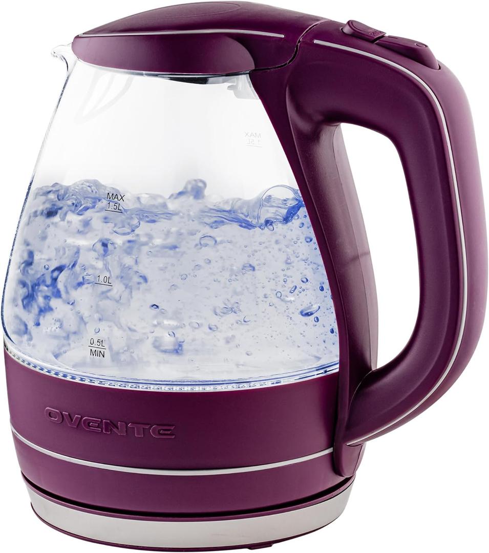 OVENTE Electric Kettle, 1.5L Borosilicate Glass Countertop Water Heater and Boiler for Coffee or Tea, BPA-Free, Auto Shut-Off, Boil-Dry Protection, Removable and Washable Spout Filter, Purple KG83P (1.6 Quarts)