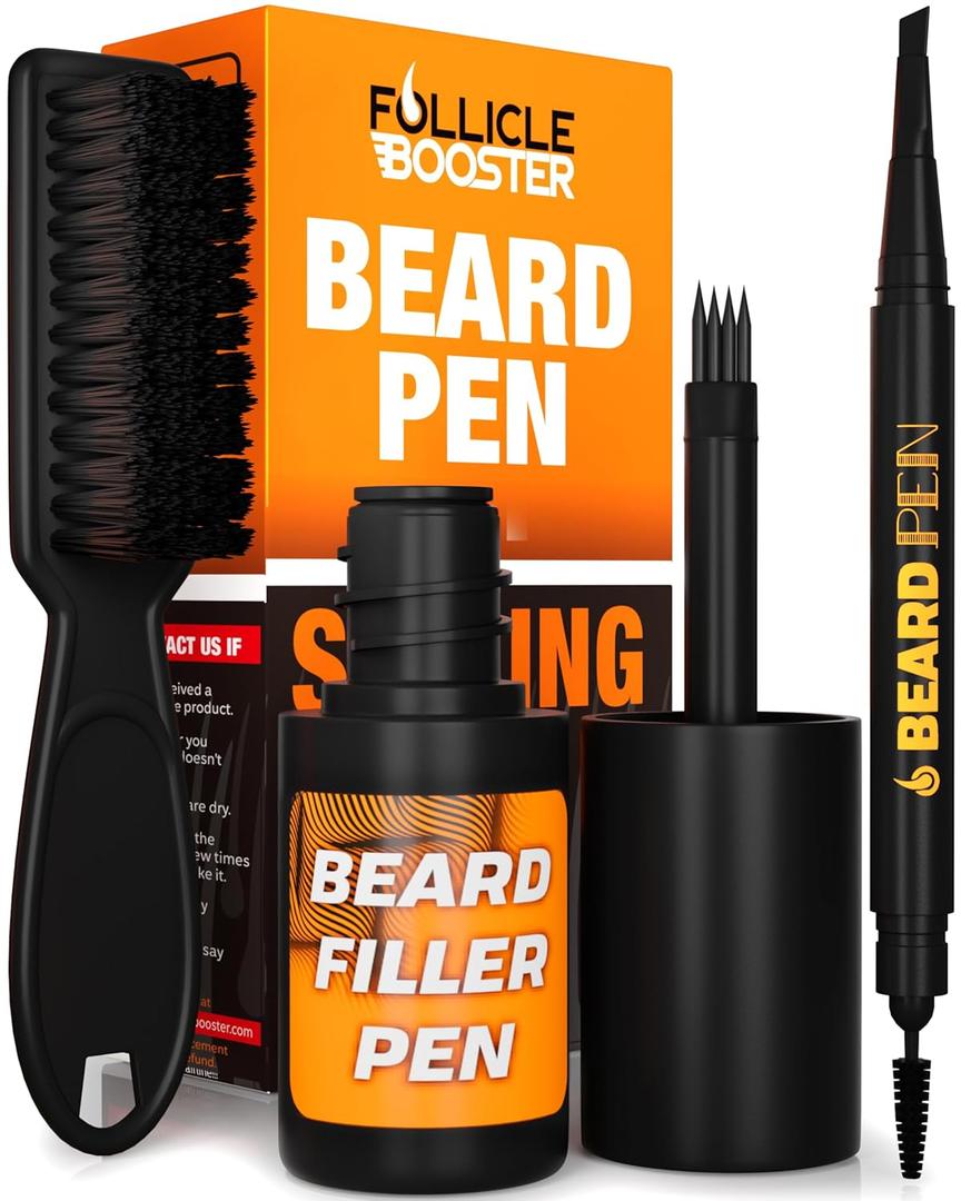 FOLLICLE BOOSTER Beard Pen Filler Styling Kit for Men - 3-in-1 Filling Set with 4-Tip Fork, Normal Pencil, and Brush - Waterproof, Sweatproof & All-Day Hold - Medium Brown