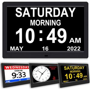 AINFTIME DST Clock with Day and Date for Elderly-3 Display Digital Calendar Alarm Day Dementia Alzheimers Clock with Extra Large Display (10.1in Black)