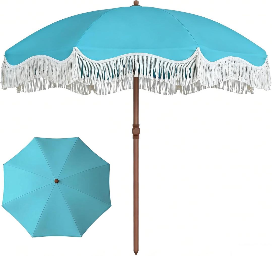 7ft Patio Umbrella with Fringe, Boho Beach Umbrellas, Outdoor Tassels Umbrellas with Push Button Tilt & Carrying Bag, 8 Windproof Fiberglass Ribs, UPF50+