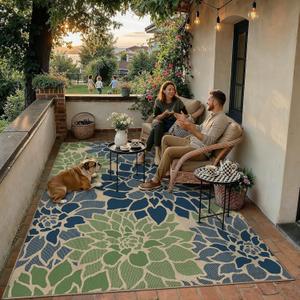 PureCozy 5x7 Easy Jute Outdoor Rug Navy/Green Floral Textured Indoor Outdoor Area Rug Farmhouse Patio Carpet for Backyard, Patio, Porch, Easy-Cleaning, High Traffic, Pet-Friendly, Non-Shedding