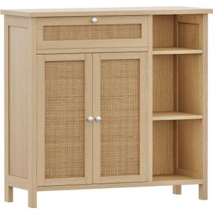 Irontar Rattan Bathroom Cabinet with Doors, Bathroom Floor Cabinet with Drawer & Adjustable Shelf, Kitchen Cupboard Storage for Living Room, Entryway, Natural