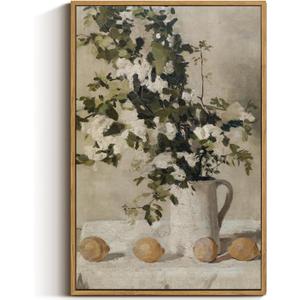 VIYYIEA Floral Large Framed Wall Art, Flowers and Lemons Vintage Art Decor Room Aesthetic, 16X24 Inch Canvas Print Artwork, Farmhouse Still Life Painting Wall Decor for Bedroom Bathroom Office