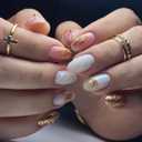 2 x MERVF Oval Press on Nails Medium Fake Nail White Gold 3D Shell Round Glue ons Nail Glitter Acrylic False Supplies Art DIY Glossy 24pcs