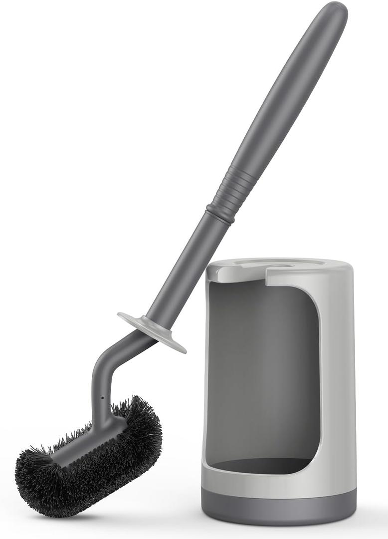 HAMITOR Toilet Bowl Brush Holder Set: Curved Design with Holder for Deep Cleaning Under Rim - Compact Hidden Scrubber for Small Space - Modern RV Bathroom Accessories - Gray