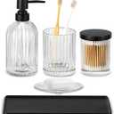 Shinowa Bathroom Accessories Set, 5 Pcs Clear Glass Bathroom Accessory Sets Complete with Soap Dispenser, Toothbrush Holder, Q-Tips Holder, Soap Dish, Ceramic Tray, Countertop Vanity Organizer