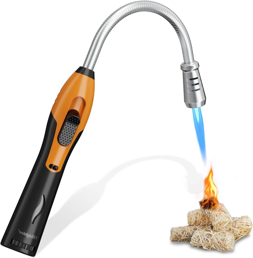 YZLighter Butane Lighter Torch Long Lighter Refillable Lighter Windproof with Visual Fuel Window Flexible Extra Long Torch Lighter for Fireplace Candles (No Butane Included) (Orange, 1 Pack)