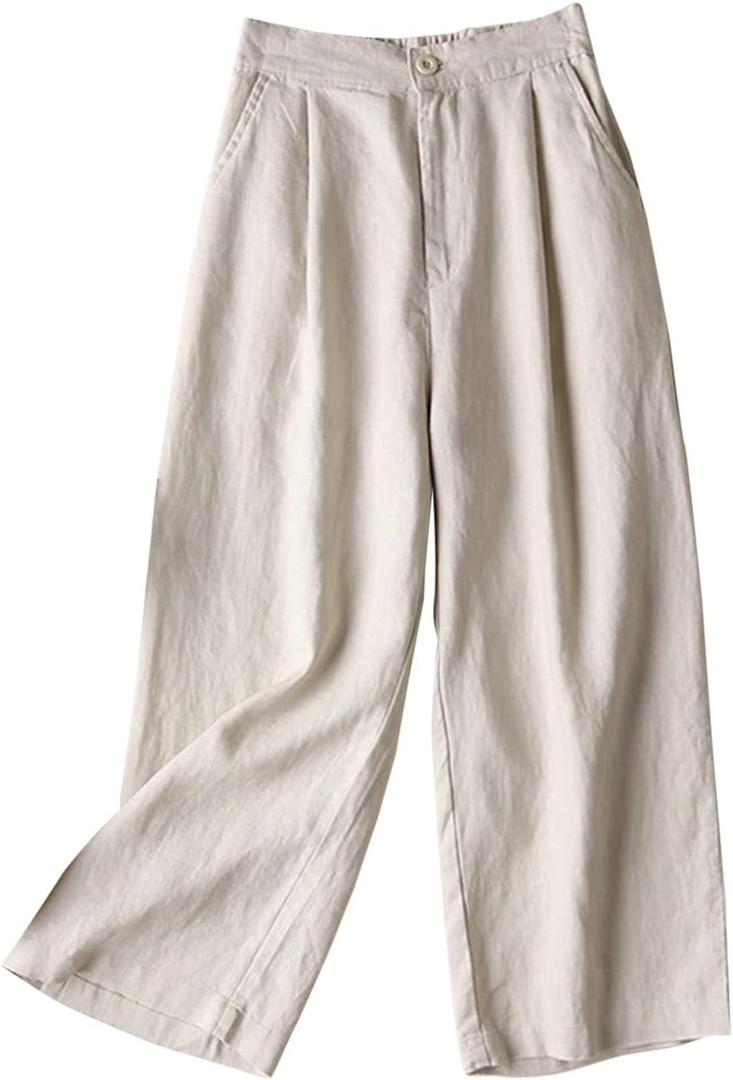 Women's 100% Linen Wide Leg Pants Summer Casual Cropped Palazzo Beach Pants Outfits 2025 Trendy (Beige)