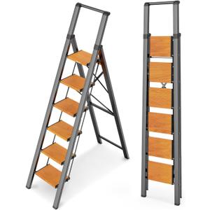WOA WOA Step Ladder 6 Step Folding, Foldable Tall Ladder with Handrail, Aluminum Stepladder for High Ceilings, Lightweight, Deep Pedals, Anti-Slip Feet, Capacity 300 lbs - Black & Wood Grain