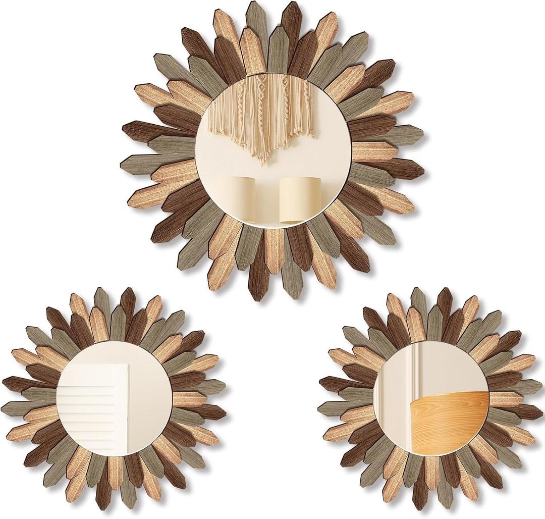 3 Pcs Boho Wall Decor Round Sunburst Mirror Boho Circle Mirror with Rustic Wood Frame Decorative Hanging Wall Art for Farmhouse Home Decor,17 Inch and 12 Inch(Tril Color)